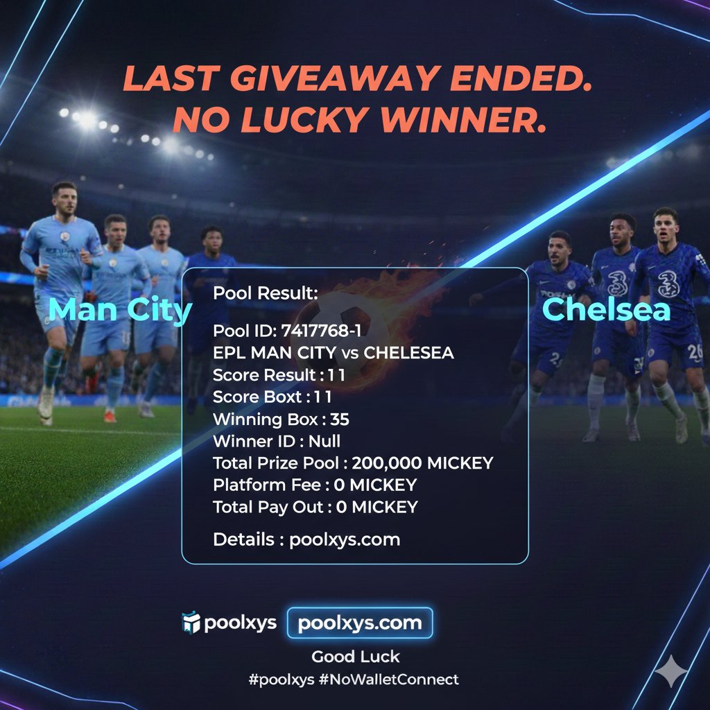 Giveaway Update: 

​The latest giveaway has concluded, and unfortunately, there was no lucky winner this time. All prize funds remain in the pool.
​Pool Results:
​Pool ID: 7417768-1
​Match: EPL | Man City vs. Chelsea
​Final Score: 1 – 1
​Winning Box: 35
​Winner ID: None
​Total