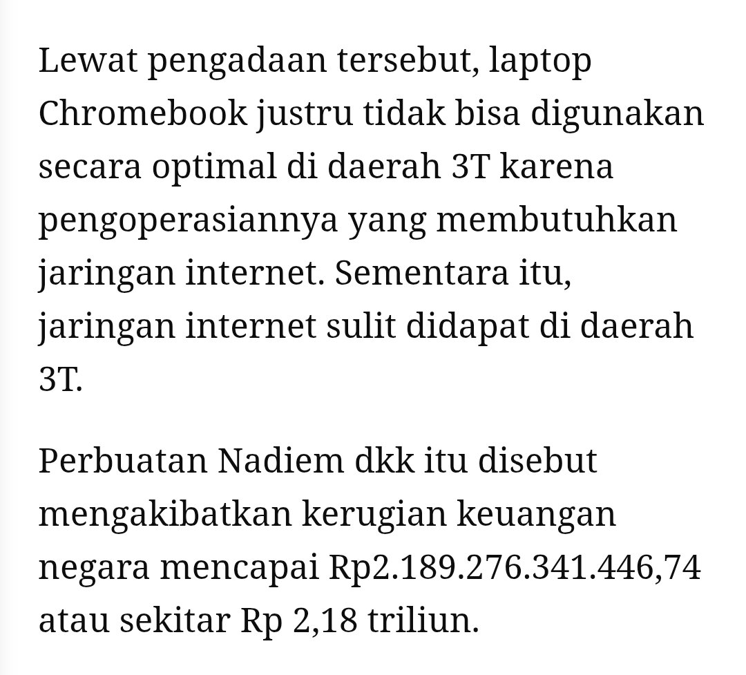03__nakula's tweet photo. Dakwaan Jaksa sangat aneh, Jaksa mendakwa Nadiem dkk bersama² merencanakan niat jahat dalam proses pengadaan Chromebook dengan kerugian 2,1 triliun.
Padahal pengadaan Chromebook sudah dilakukan sangat terbuka dengan menggunakan E-katalog dan aplikasi SIPLah serta melibatkan Jamdatun sebagai pengawas.

Penghitungan kerugian negara oleh Jaksa berdasar Chromebook yang tidak bisa digunakan di daerah 3T.
Padahal Chromebook tersebut ditarik kembali dan didistribusikan ke sekolah² yang fasilitasnya menunjang.

Toh nadiem makarim sudah membantah jika pengadaan Chromebook tersebut tidak dikhususkan di sekolah² yang berada di daerah² 3T.

Lalu kerugian negara yang dimaksud jaksa kerugian yang mana?