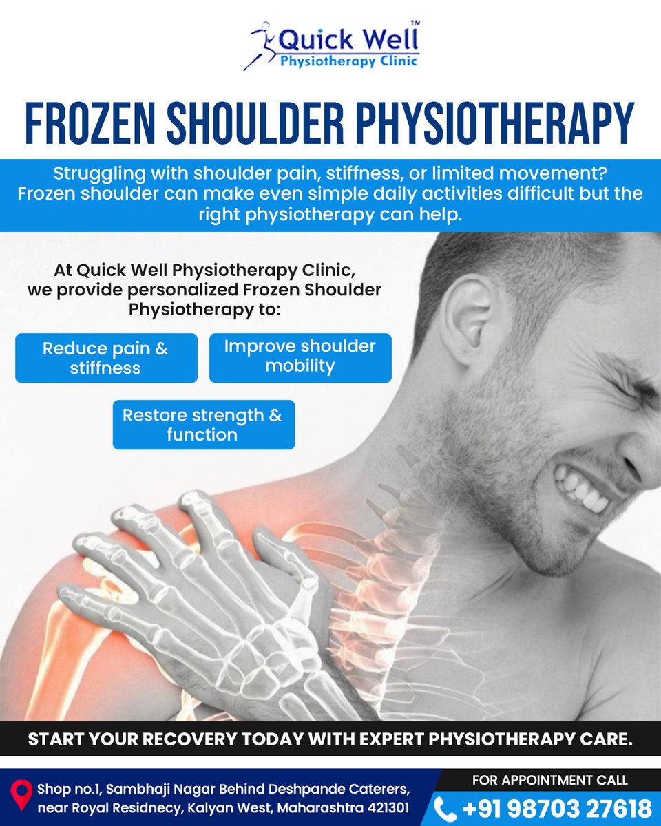 QuickWellPhysio's tweet photo. FROZEN SHOULDER PHYSIOTHERAPY

Quick Well Physiotherapy Clinic

#QuickWellPhysiotherapyClinic #DrRekhaShinge #StayActive #PhysiotherapyForLife #QuickWellPhysio #PhysiotherapyHealing #QuickWellPhysiotherapy #StayStrong #StayHealthy #PhysiotherapyForStrength #QuickWellPhysiotherapy https://t.co/9Vt2prMYdw