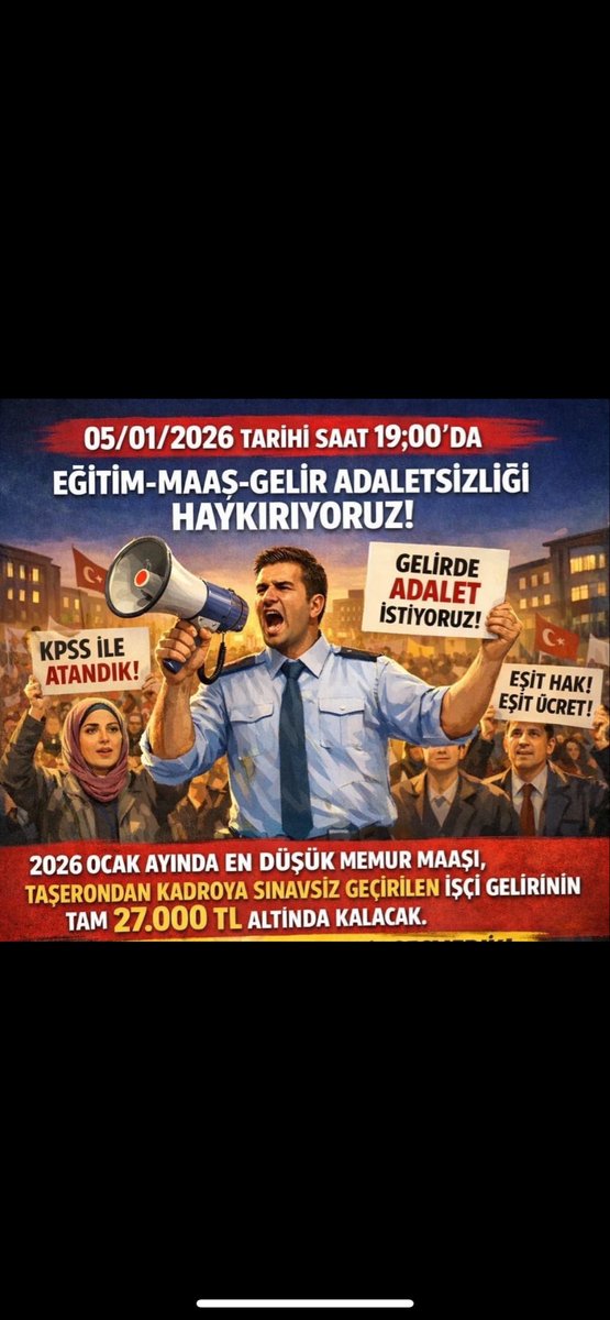 Bugün açıklanacak zam oranıyla birlikte memurun 2026 maaşı belli olacak ve 57.000 TL’yi geçmeyecek. 
2026 da işçinin ortalaması 85.000 TL olacak .
Bu adaletsizlik sürdürülemez .
İşçilere verilen  yol, yemek,4 tediye ,2 ikramiye memura verilirse bu fark kapanmış olacaktır.
#memur