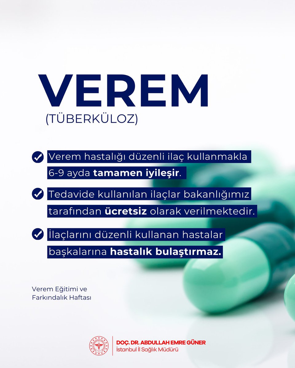 Verem (Tüberküloz), akciğerleri etkileyen bulaşıcı bir hastalıktır.
Uzun süren öksürük, gece terlemesi, kilo kaybı, iştahsızlık ve halsizlik en önemli belirtiler arasındadır.

📌 Erken tanı ve düzenli tedavi ile verem 6–9 ayda tamamen iyileşir.
📌 Tedavi ilaçları Bakanlığımız