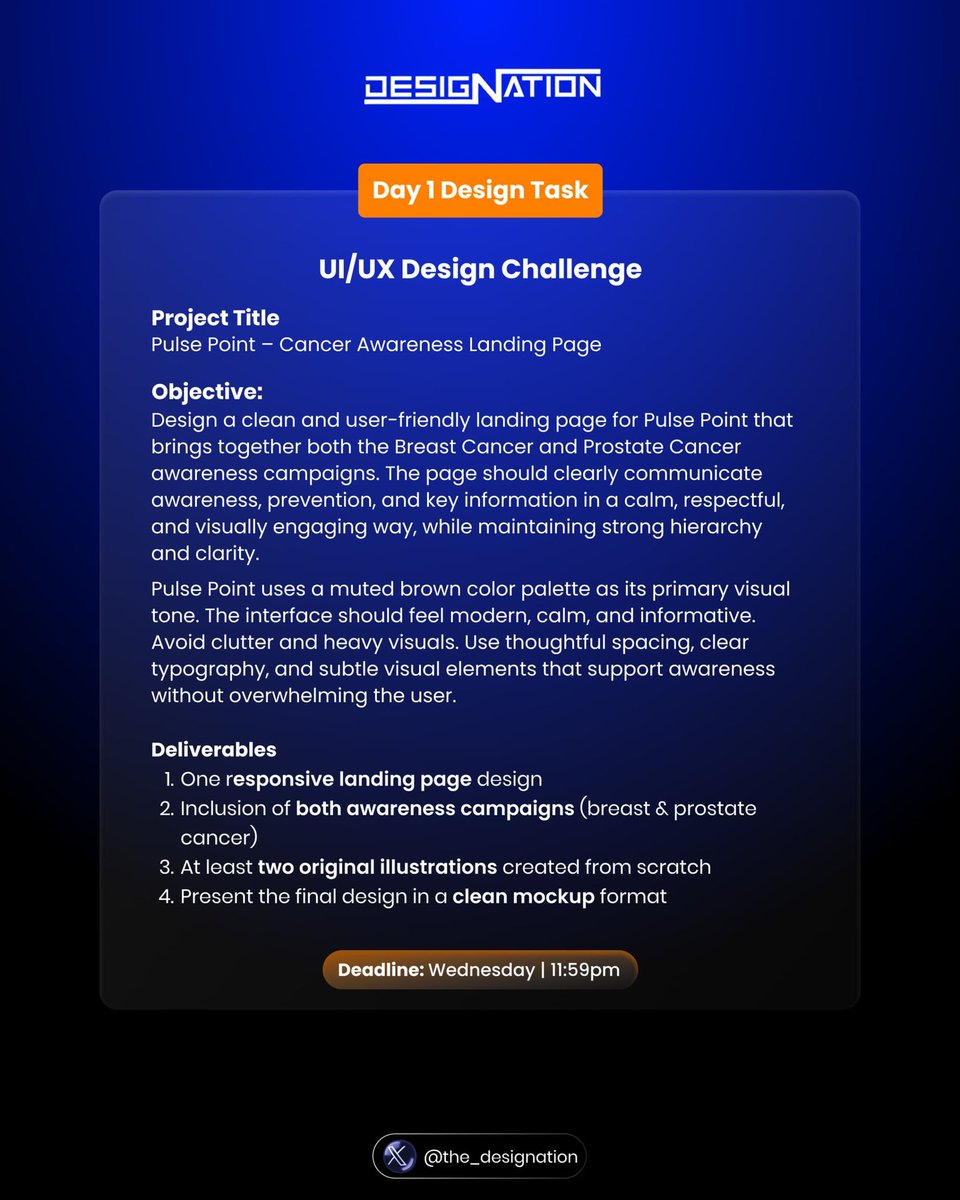 The_DesigNation's tweet photo. Our weekly tasks are back and loaded! 🎉
Let's hit 2026 running! 💙🧡

Frame 1: Graphics Designers 
Frame 2: UI/UX Designers 

Quote this tweet with your submissions. https://t.co/n6ayZAKaK3
