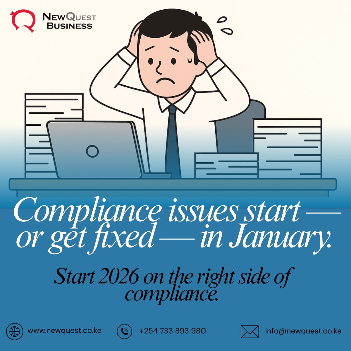 NewQuest_Co's tweet photo. Back to work today?
Yeah… KRA clocked in too 😅
January is when VAT, PAYE &amp; accounting issues show up LOUD.

Fix it early. Stay compliant.
That’s what we do.

#TaxCompliance #SMEs #KRA #Accounting https://t.co/lSP5JXlrxM