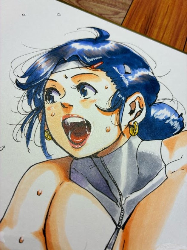 アナログ練習。膝をつくもまだまだ戦う意志を崩さないおばさん。 