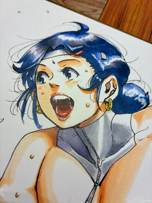 アナログ練習。膝をつくもまだまだ戦う意志を崩さないおばさん。