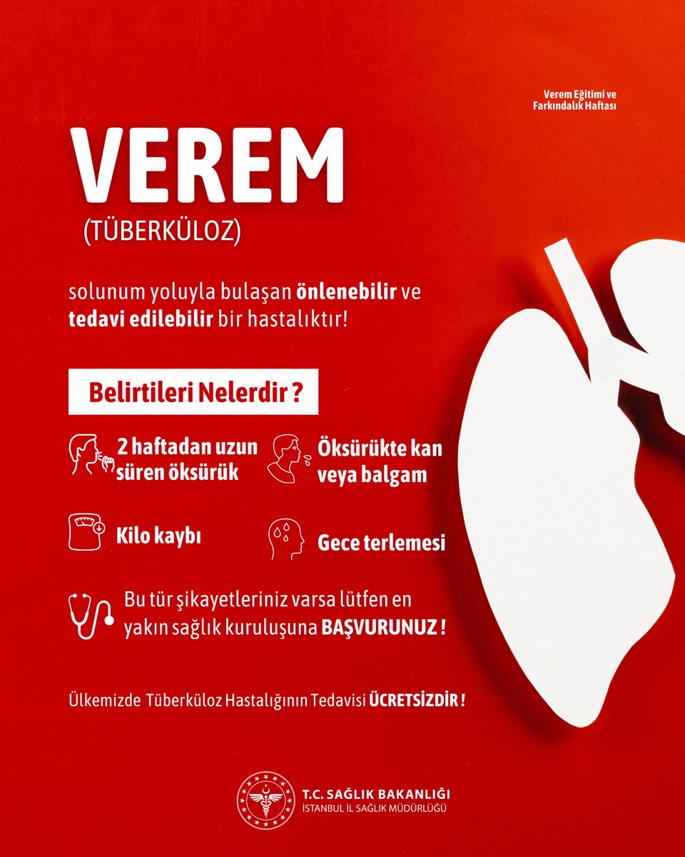 Verem (Tüberküloz), solunum yoluyla bulaşan ancak önlenebilir ve tedavi edilebilir bir hastalıktır.

⚠️ Belirtiler arasında;
• 2 haftadan uzun süren öksürük
• Öksürükle kan veya balgam
• Kilo kaybı
• Gece terlemesi yer alır.

Bu şikayetleriniz varsa en yakın sağlık kuruluşuna