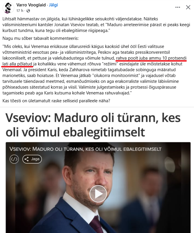 Ilusat uut aastat kõigile, sh Varro "sõbrale", kelle najalt saab taaskord mängida mõttega, et Eesti Vabariigi valitsus ei ole legitiimne kuna tänavaküsitlustel on toetus alla 10%. 

Kas valitsus tuleks moodustada tänavaküsitlustele või valimiste tulemusele tuginedes?