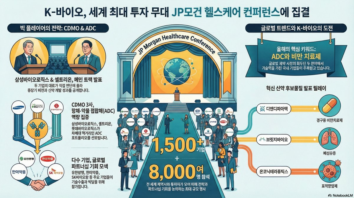 JP모건헬스케어 관련주 >정리 1. 비만치료제(GLP-1) 관련 - 디앤디파마텍 2. 항체약물접합체(ADC)관련 - 삼성바이오로직스,  셀트리온, 롯데바이오로직스 3. 기타 - 알테오젠(하이브로자임 기술 플랫폼) - 에이비엘바이오(이중항체 전문 기업) -  브릿지바이오테라퓨틱스(폐 ...