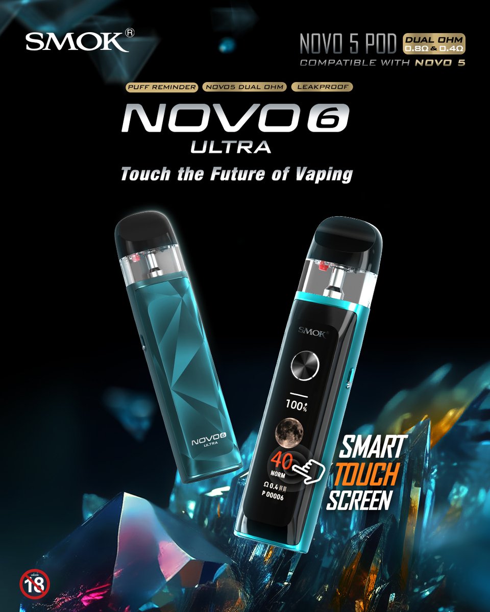 Meet the NOVO 6 ULTRA —
where smart design meets effortless control.
• Intuitive Touch Screen
• Leak-Resistant pod structure
• Powerful 1700mAh battery
• Puff Reminder for mindful use
• Smart Wattage adjustment from 5–40W
• Clean &amp; easy Top Fill system
Control, redefined.