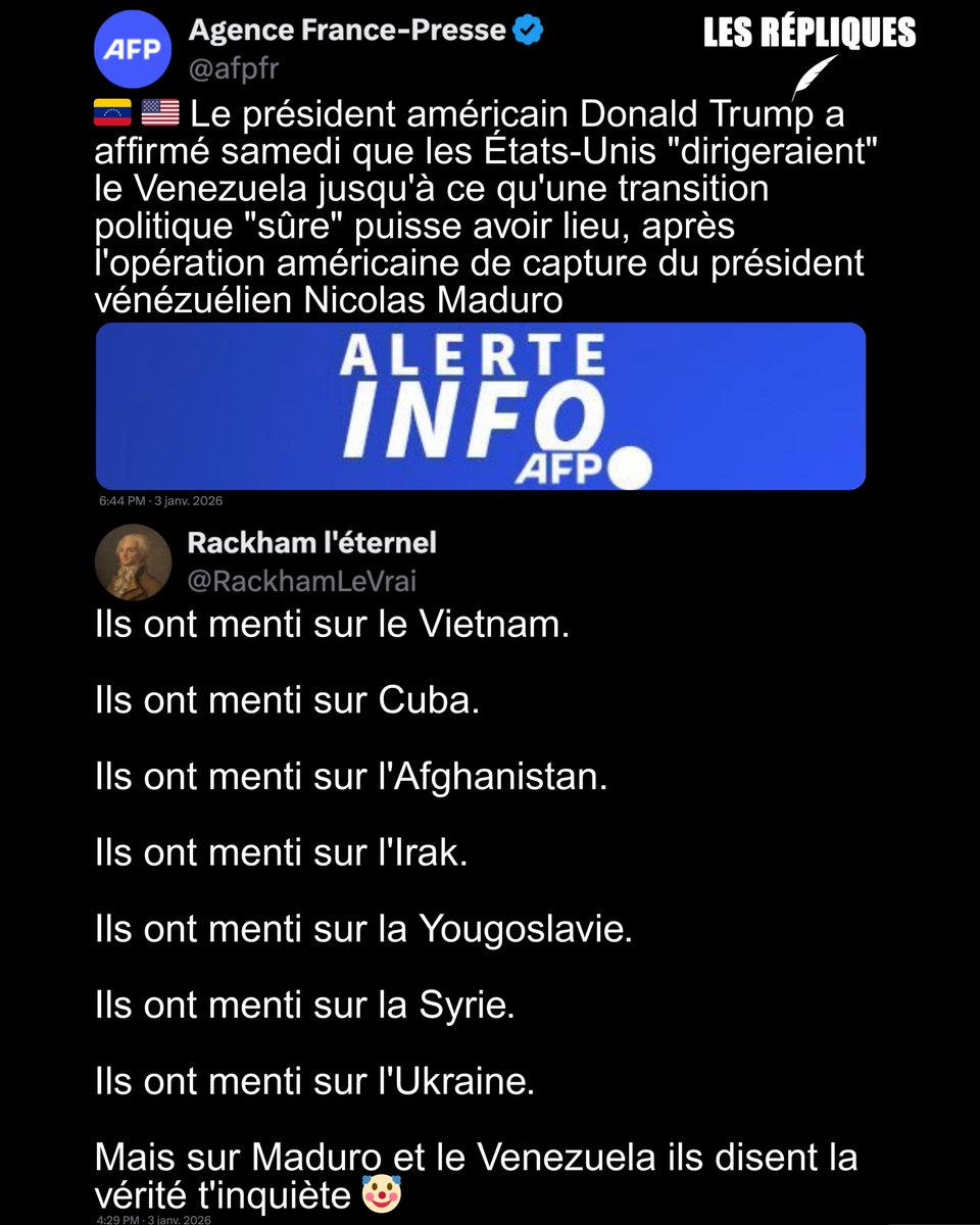 Les_Repliques's tweet image. "Nous allons diriger le pays jusqu'à ce que nous puissions procéder à une transition sûre, appropriée et judicieuse", a déclaré le président américain lors d'une conférence de presse à Mar-a-Lago en Floride

@RackhamLeVrai