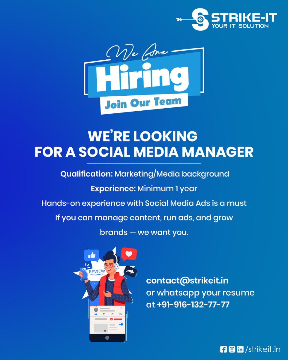 STRIKEIT4's tweet photo. Good news! We’re hiring at StrikeIT 📷
We’re looking for passionate minds to join our growing team:
• Social Media Manager
• Business Development Manager
Location - Lucknow
#SocialMediaManagerJobs #BusinessDevelopmentManager #AgencyJobs #StrikeIT #HiringNow
#lucknow https://t.co/rLj4xDyiNe