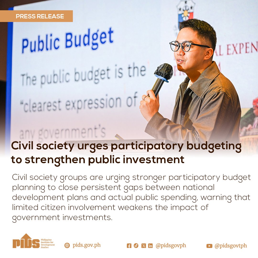 pidsgovph's tweet image. 𝗣𝗜𝗗𝗦 𝗣𝗥𝗘𝗦𝗦 𝗥𝗘𝗟𝗘𝗔𝗦𝗘: 𝐂𝐢𝐯𝐢𝐥 𝐬𝐨𝐜𝐢𝐞𝐭𝐲 𝐮𝐫𝐠𝐞𝐬 𝐩𝐚𝐫𝐭𝐢𝐜𝐢𝐩𝐚𝐭𝐨𝐫𝐲 𝐛𝐮𝐝𝐠𝐞𝐭𝐢𝐧𝐠 𝐭𝐨 𝐬𝐭𝐫𝐞𝐧𝐠𝐭𝐡𝐞𝐧 𝐩𝐮𝐛𝐥𝐢𝐜 𝐢𝐧𝐯𝐞𝐬𝐭𝐦𝐞𝐧𝐭

Full article: bit.ly/pidsPR120469. 

Watch the forum: bit.ly/pidslive120225.