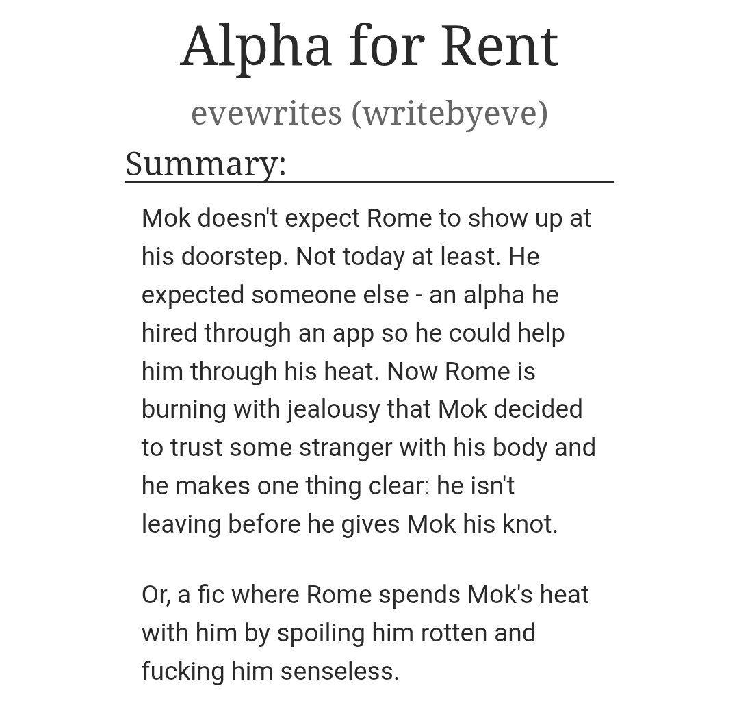 writebyeve's tweet image. ❦ alpha for rent
❦ romemok complete minific ✅
❦ smut with plot
❦ omega mok x alpha rome
❦ slight hurt/comfort
❦ forbidden love

🔗: archiveofourown.org/works/76551896

[#MeAndTheeSeries
#MeAndTheeSeriesEP8 #RomeMok]