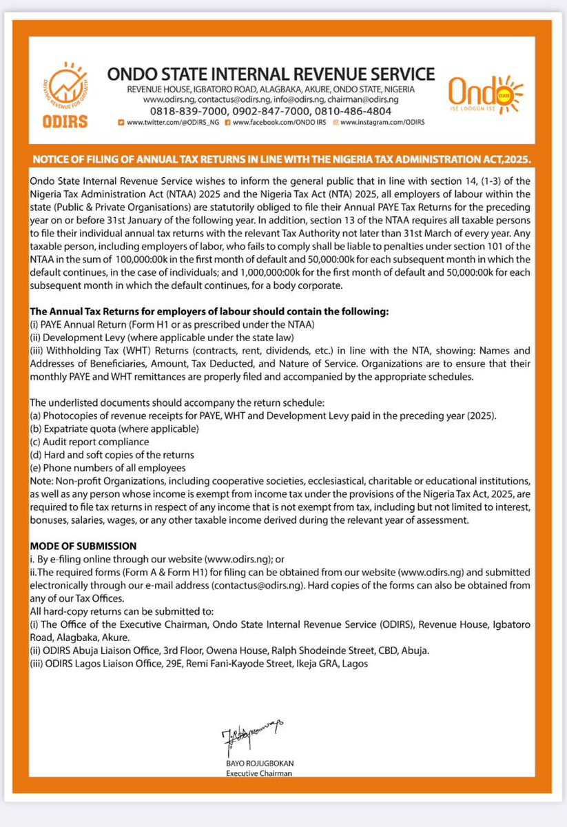 Kindly file your 2025 annual returns promptly with ODIRS.
Ensure compliance with the Nigeria Tax Administration Act, 2025!
##StayCompliant 
#AvoidPenalties
#TaxReturns2025