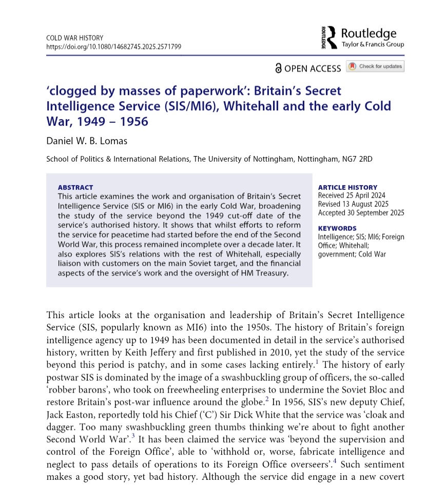 Sandbagger_01's tweet photo. New year, new article 👀

‘clogged by masses of paperwork’: Britain’s Secret Intelligence Service (SIS/#MI6), Whitehall and the early Cold War, 1949–56

The article tells the story of SIS's early Cold War struggles 

🆓️ to read and Open Access ⏬️

https://t.co/NBieukYzpm https://t.co/x6Y6AtyAIF