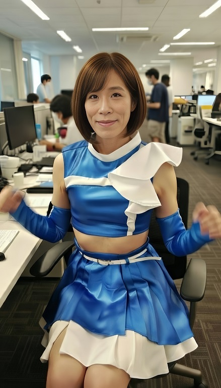 年始の仕事始め😊
午前中だけコスプレして仕事開始したら…
同僚の反応がヤバすぎて震えました😂 
新年一発目からフルスロットルで2026年スタート！？
みんなの視線刺さりまくりなんですけど・・・🔥💙 　今年も全力で飛ばしていきます！
この写真は、ファンクラブ通信用に撮ってもらいました😊