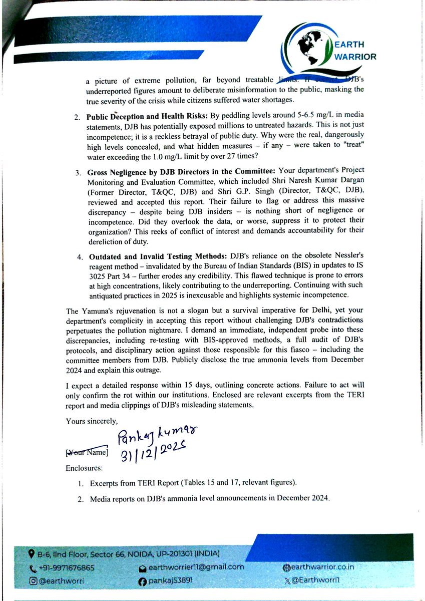 On 31 Dec 2025, we wrote to Hon'ble CM <a href="/gupta_rekha/">Rekha Gupta</a>
, LG <a href="/LtGovDelhi/">LG Delhi</a> DJB CEO <a href="/IasKaushal/">Kaushal Raj Sharma IAS</a> &amp;  others: TERI report shows ammonia at 27.4 mg/L in Yamuna (Dec 2024)—27x treatable limit—while DJB claimed ~5 mg/L. Underreporting? Outdated methods? Negligence? Demand independent probe &amp;