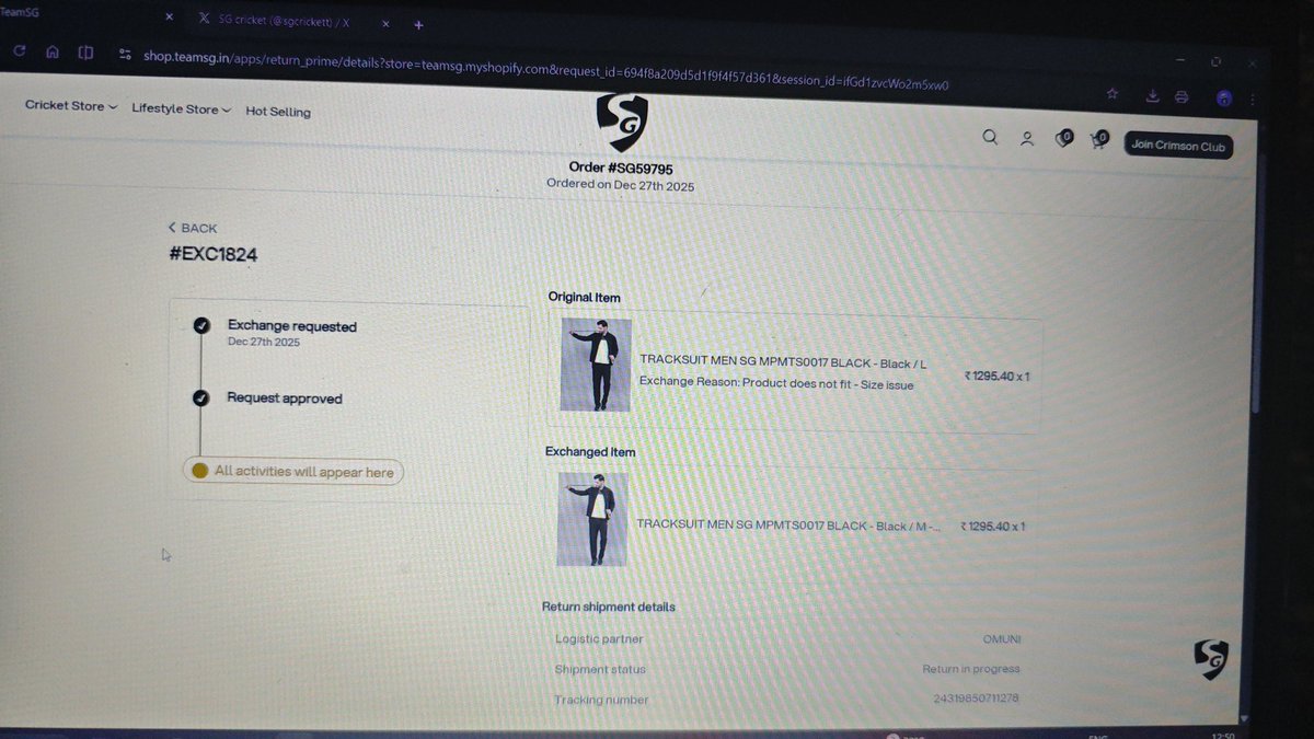 Shashank_Raghv's tweet photo. @sgcrickett
Thank you for approving my exchange request.
However, the return pickup done on 28 Dec still has no update or progress.
If there were going to be so many logistics issues, you could have informed me earlier — I would have sent the parcel myself.
Please update me🙏🙏 https://t.co/i8cay0sApi