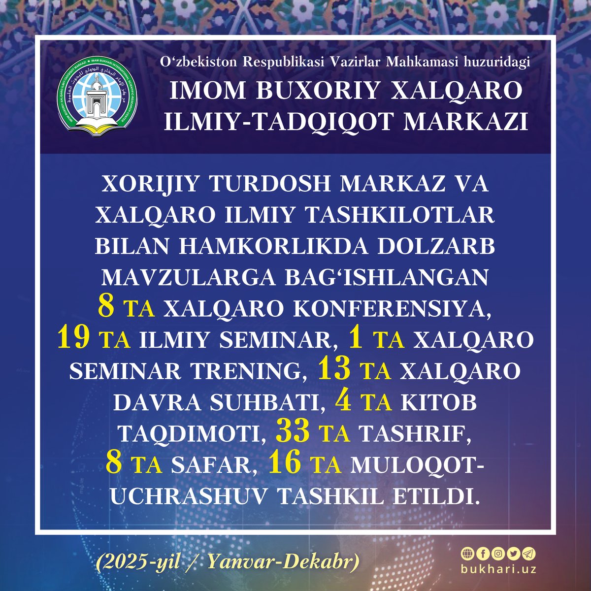 📝 MARKAZNING 2025-YIL DAVOMIDAGI FAOLIYATI NATIJALARI

Yaqinlaringizga ulashing!
✅️t.me/joinchat/QbkU7…
🫥taplink.cc/bukhariuz
#фото