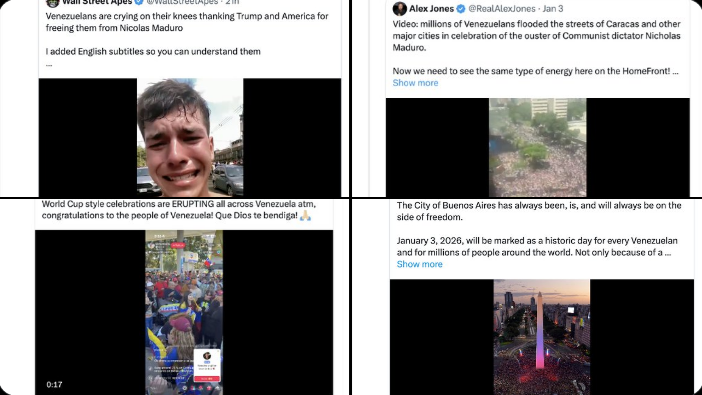 RT_com's tweet photo. X's biggest accounts are sharing these fake virals of 'mass support for US strikes on Venezuela'

Who's making these videos? https://t.co/McOJwXIgv9