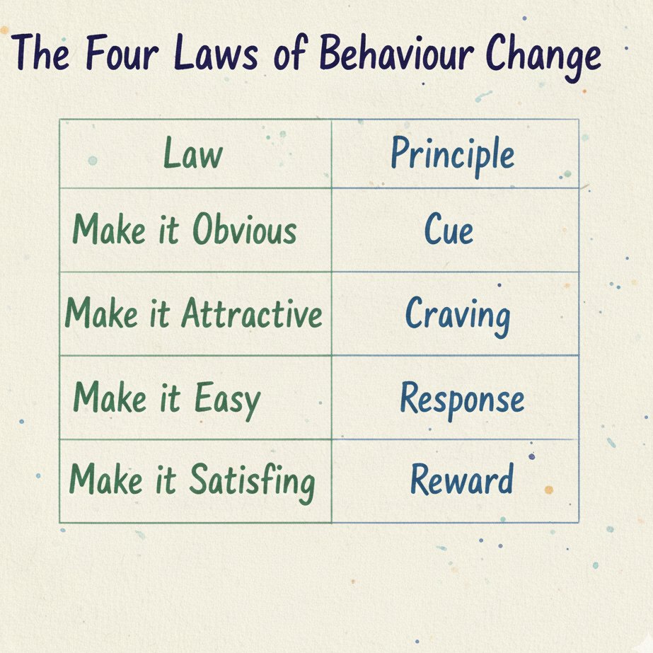 VaishnaviDang's tweet photo. "The four Laws of Behaviour change are a simple set of rules we can use to build better habits. They are 1) Make it obvious, 2) Make it attractive, 3) Make it easy, and 4) Make it satisfying." - James Clear https://t.co/b1wH4sq6Sa
