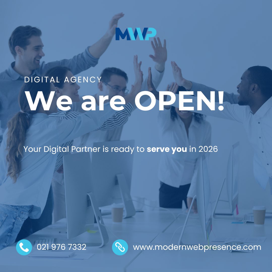 Hello 2026!!

We are OPEN 🚀 Your Digital Partner is ready to serve you in 2026.

Looking forward to a great year together.

Need help? Contact us.

T: +27 (0)21 976 7332
E: info@modernwebpresence.com
W: modernwebpresence.com