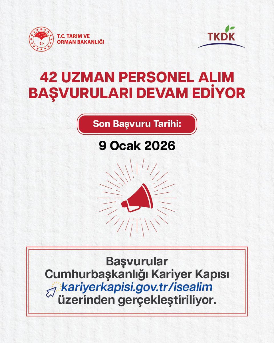 📢Kurumumuzun taşra birimlerinde görev yapmak üzere çeşitli branşlardan gerçekleştirilecek 42 uzman personel alımı için başvurular devam ediyor. <a href="/TCTarim/">T.C. Tarım ve Orman Bakanlığı</a> 

🗓️Son başvuru tarihi: 09 Ocak 2026

Başvuru linki:
🔗 kariyerkapisi.gov.tr/isealim