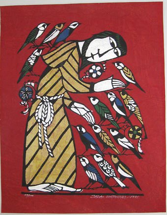 Sadao Watanabe (Japanese, 1913-1996) - St Francis and the birds (red)