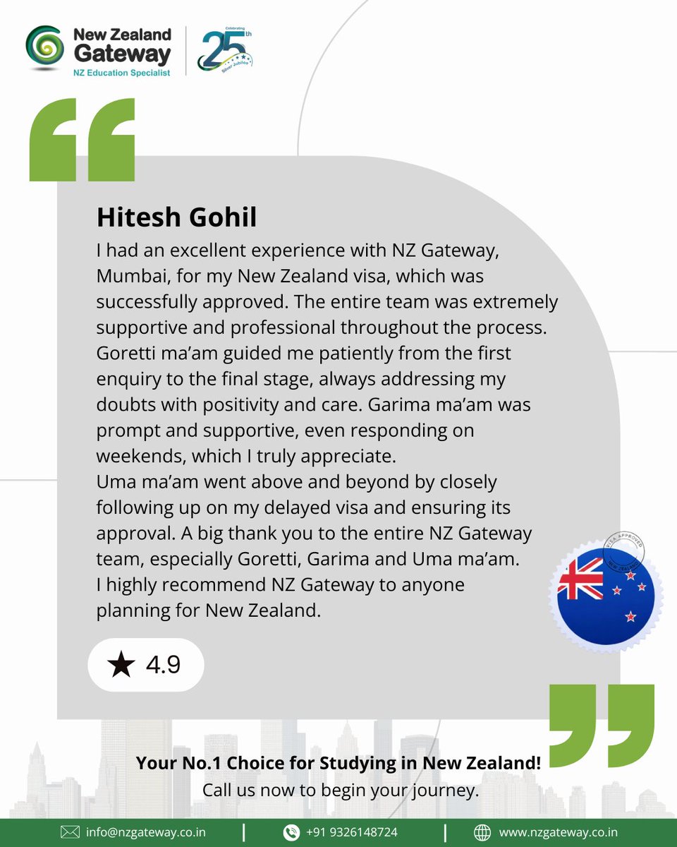 NZGateway's tweet photo. When trust meets expertise, success follows. 🇳🇿✨

Hitesh Gohil’s experience reflects the commitment we bring to every visa journey at New Zealand Gateway. 🤍

Your journey could be next! DM us to get started. ✈️

#HappyClients #studyinnewzealand https://t.co/3JA6HbV2WQ