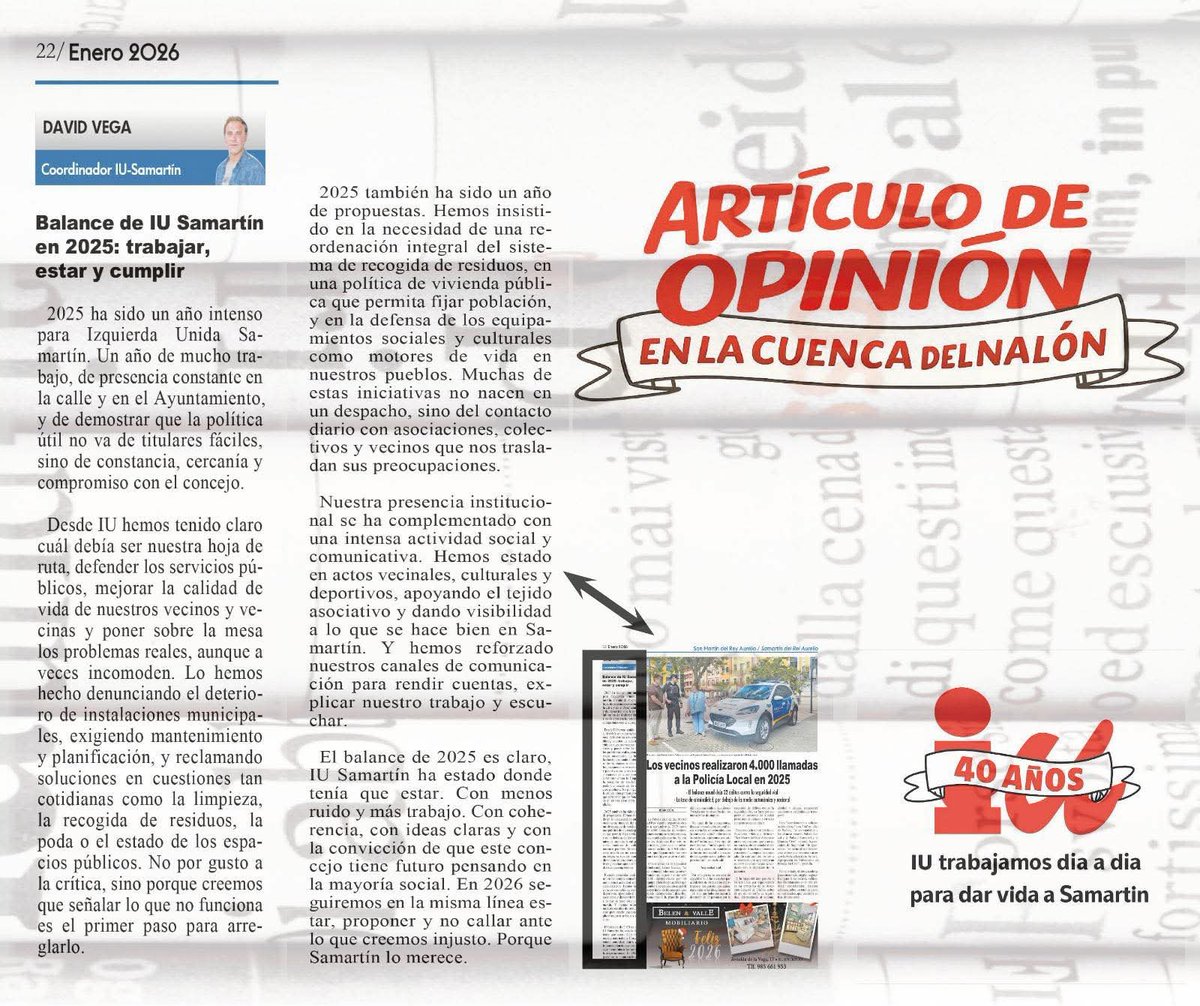 Artículo de opinión en <a href="/CuencaNalon/">La Cuenca del Nalón</a>
2025 fue un año de trabajo constante, propuestas útiles y presencia real en la calle y Ayuntamiento.
Defender lo público, escuchar a los vecinos y señalar lo que no funciona es la única forma de mejorar Samartín.
En 2026 seguiremos estando.