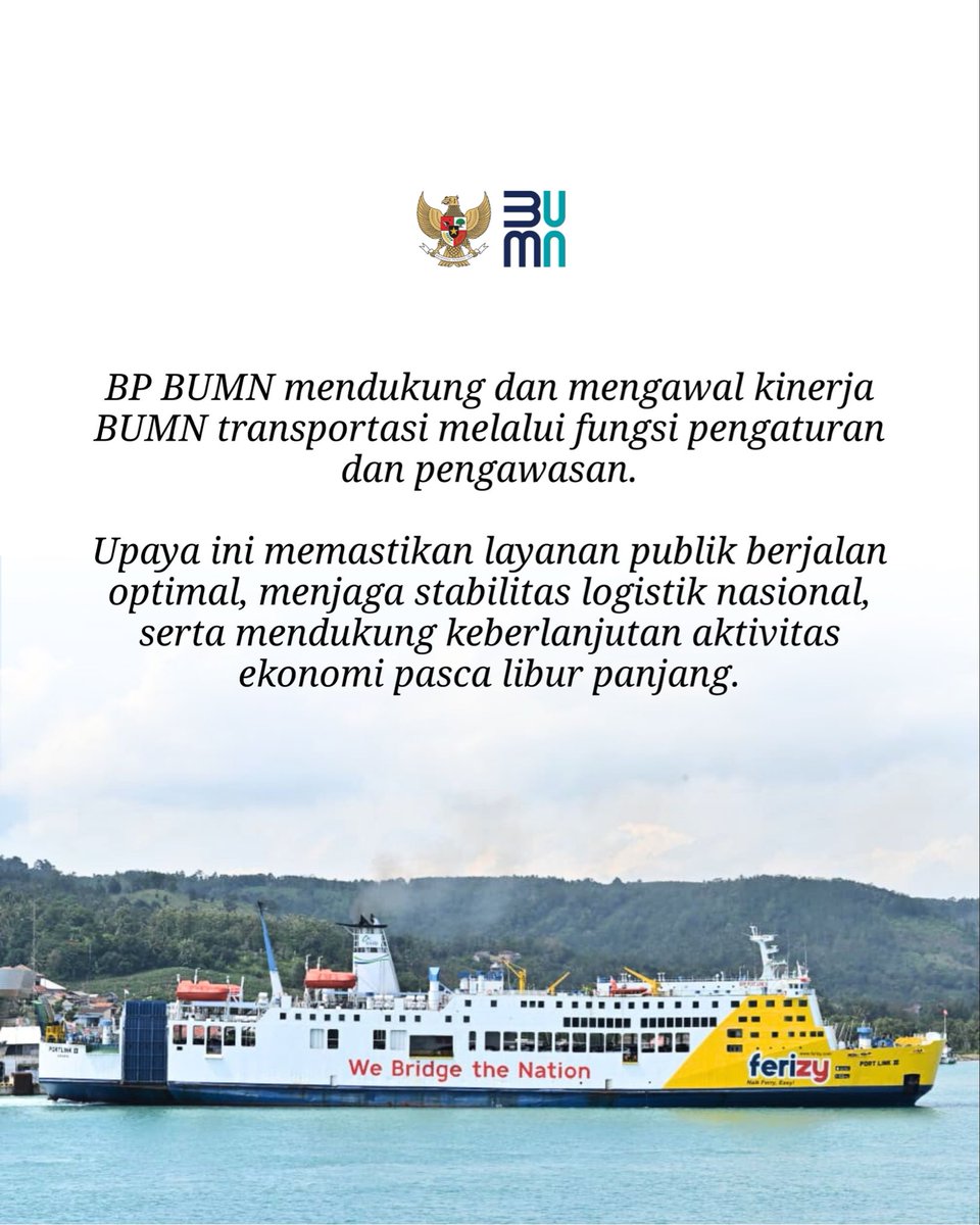 bumn_idn's tweet image. Sebagai regulator BUMN, BP BUMN terus mengawal peran BUMN transportasi untuk menjaga konektivitas nasional dan mendukung stabilitas ekonomi.

#ASDP
#ArusBalikNataru
#LogistikNasional
#BPBUMN