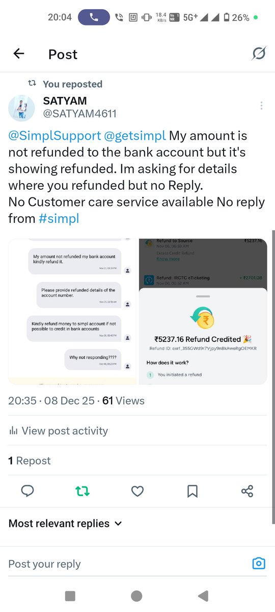 SATYAM4611's tweet photo. @SimplSupport refund my amount bastard https://t.co/3oMeohQREl