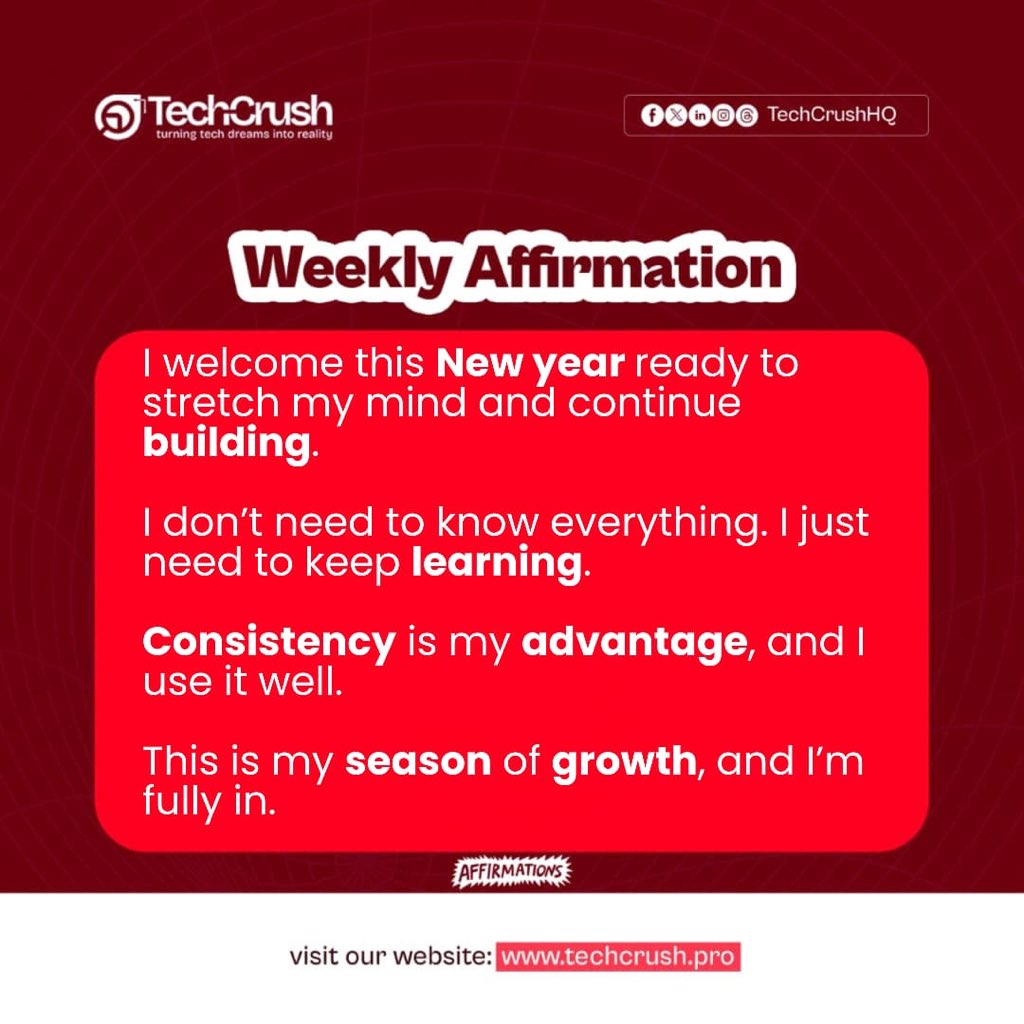 TechCrushHQ's tweet photo. New year. New week. Same decision to keep showing up.

You don’t need to have it all figured out to be on the right path, consistency, curiosity, and commitment are enough.

Read it again, say it out loud, and let this be the energy you carry into your learning this year.

Growth is happening, even when it feels slow. 

#techcrush