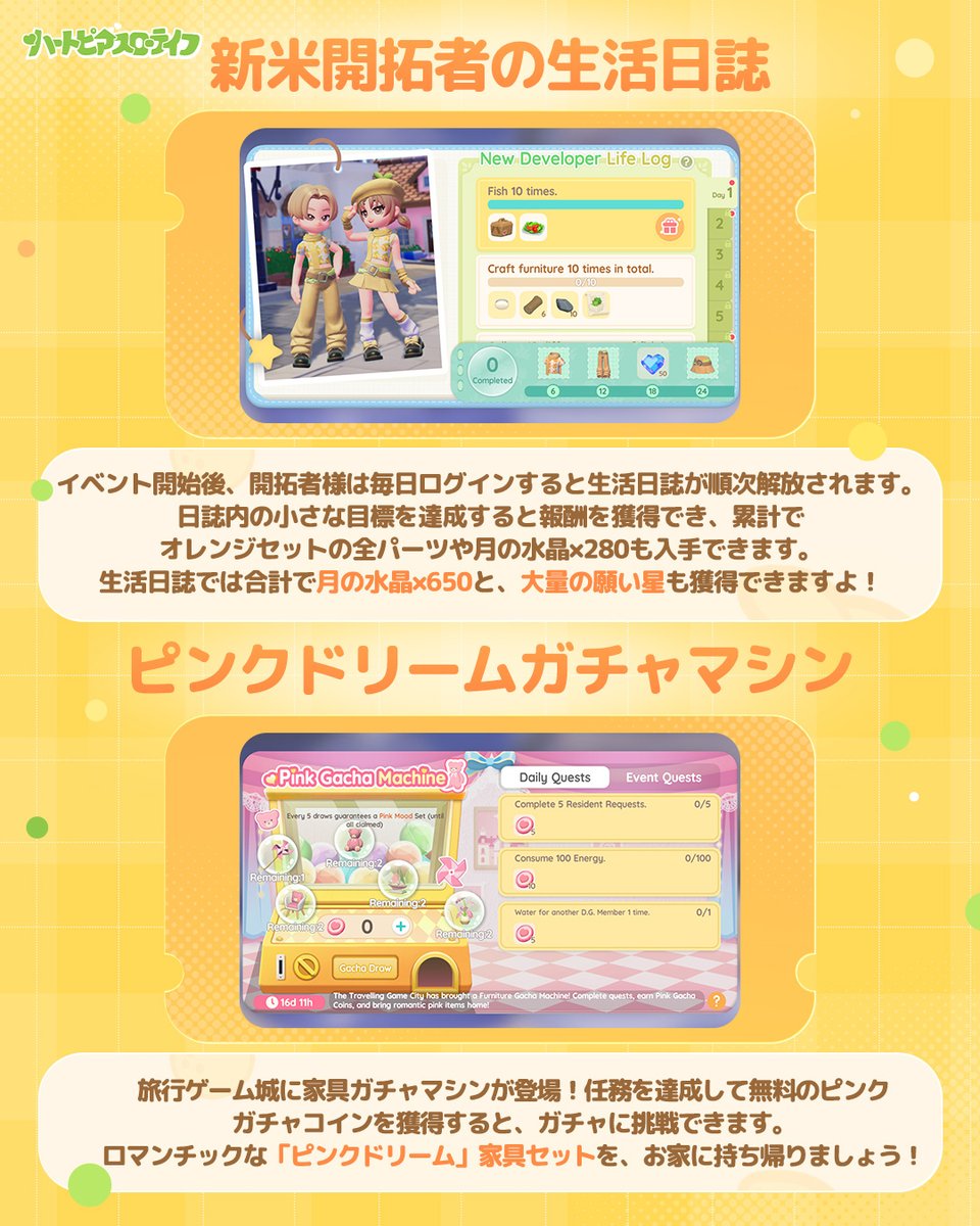 正式リリース記念報酬まとめ📝

累計で
🎫 展示会パスｘ180枚
💎 月の水晶1,300個以上
が受け取れます！

さらに、
📅 7日間ログインで獲得できる
👫 2人用乗り物「白いセダン」をはじめ、
無料家具、無料コーデセットなど、
豪華な報酬が盛りだくさん！