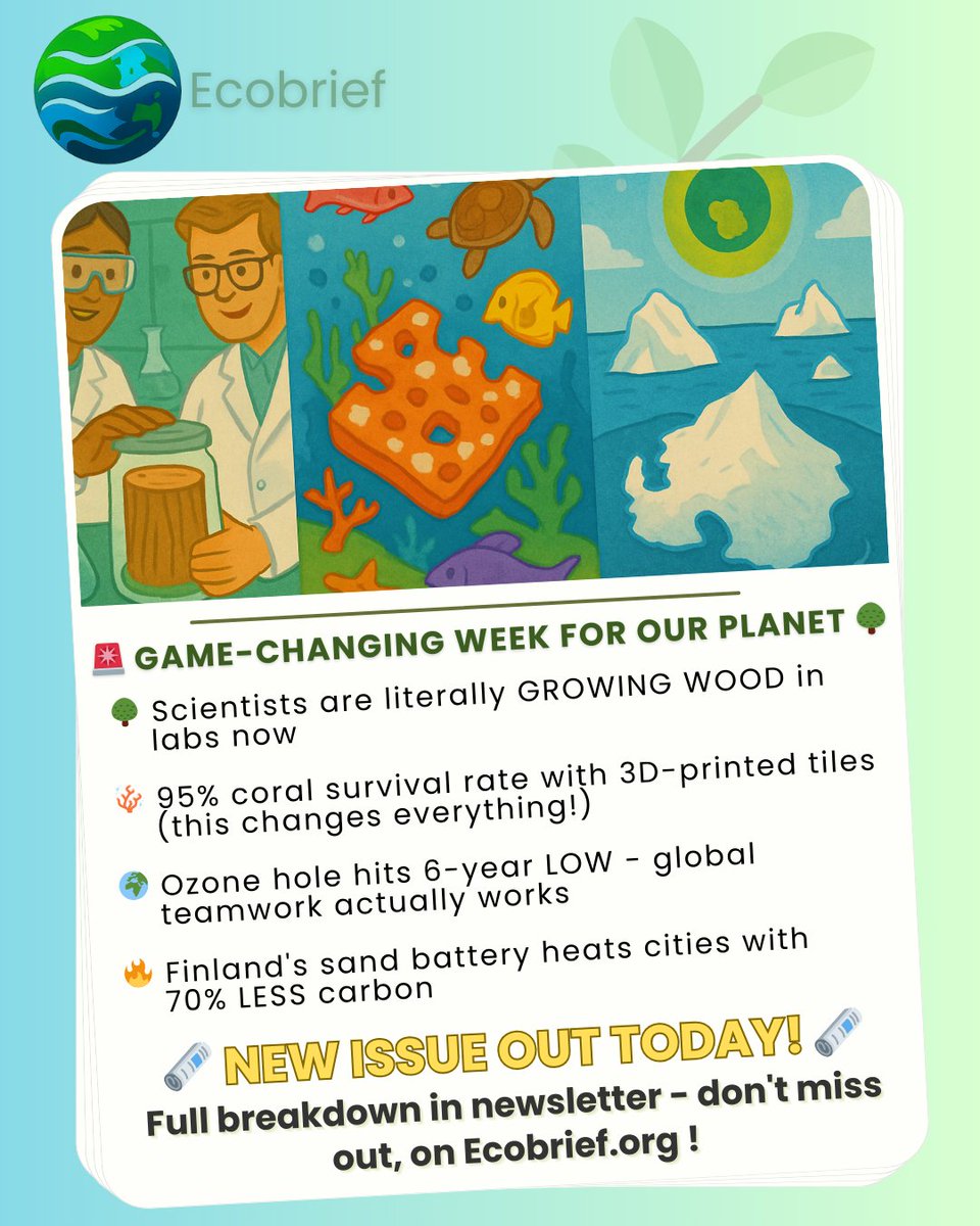 Ecobrief_'s tweet photo. 🔥 BREAKTHROUGH WEEK: Scientists grow real wood in labs + 3D-printed coral tiles hit 95% survival + ozone hole shrinks to 6-year low.

But the real MVP? Finland's "sand battery" storing renewable energy in SAND and heating entire cities 🤯

#ClimateInnovation #GreenTech #Breaking https://t.co/jqnxnT6XZv