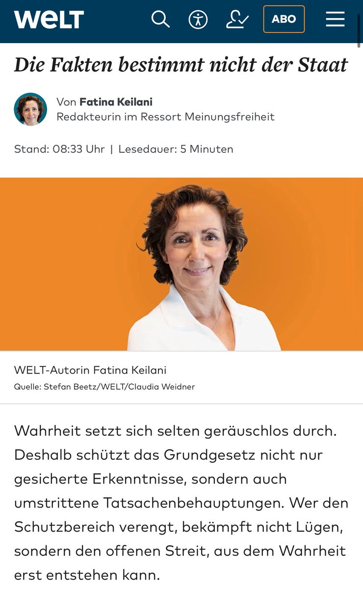rosenbusch_'s tweet photo. „Wer heute vor „unwahren Tatsachenbehauptungen“ warnt, meint häufig bloß unerwünschte Abweichung. Wirklich verbotene falsche Tatsachen sind selten, unbequeme Ansichten sind es (zum Glück) nicht. 

Mitunter werden unwillkommene oder kühne Behauptungen sogar später zu Tatsachen. So wie bei Galileo. Er wurde verfolgt, weil er eine zutreffende kosmologische These gegen eine bestehende Autoritätsordnung vertrat. Und genau, um solche Abweichungen zu ermöglichen, wurde viel später das Recht auf Meinungsfreiheit geschaffen.“

https://t.co/nHlHUzj94b