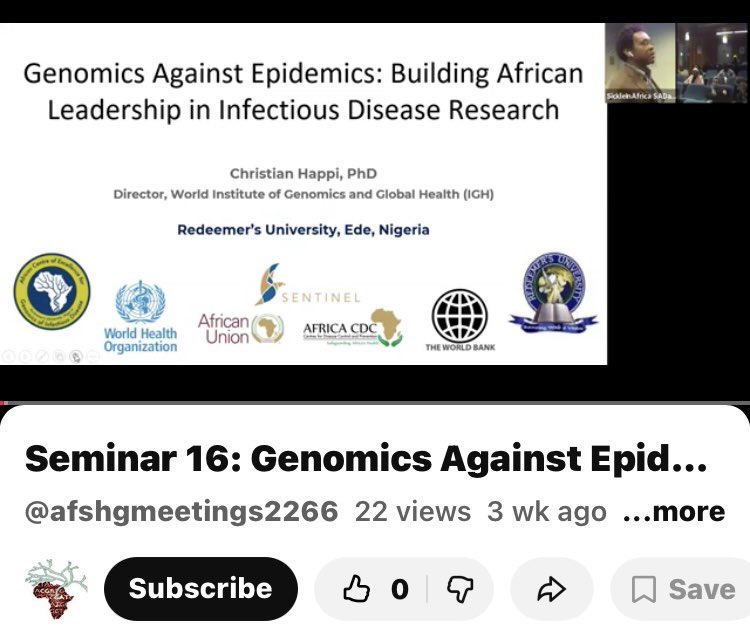 #ICYMI All the seminars from the Inaugural African Genomics Short Course are now available online for viewing at your leisure: lnkd.in/enyrMS3q

In Seminar 16—  Prof. Christian Happi  presented a seminar on the role of genomics in combating epidemics in #Africa #AGSC2025