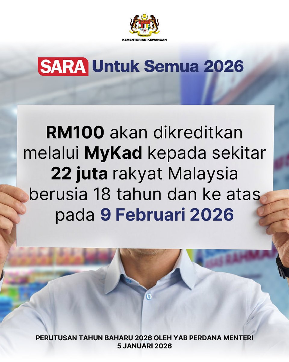 📣 PENGUMUMAN SUMBANGAN TUNAI RAHMAH (STR) FASA 1, SUMBANGAN ASAS RAHMAH (SARA) DAN SARA UNTUK SEMUA 2026. 

Pagi tadi, YAB Dato’ Seri Anwar bin Ibrahim, Perdana Menteri dan Menteri Kewangan telah mengumumkan bantuan untuk rakyat Malaysia dalam Perutusan Tahun Baharu 2026: