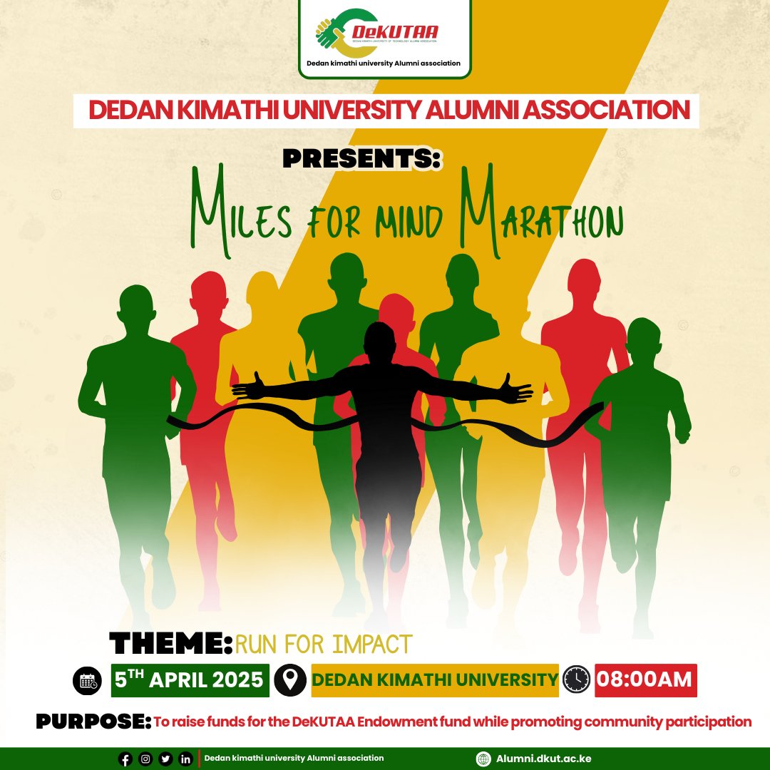 dekut_aa's tweet photo. Run for impact. Run for a cause.
Join the DeKUTAA community on 5th April 2025 at Dedan Kimathi University, 8:00 AM as we raise funds for the DeKUTAA and promote mental wellness.
#MilesForMind #RunForImpact #DeKUTAA #AlumniForChange #MentalHealthAwareness https://t.co/8Yo30rVeY3