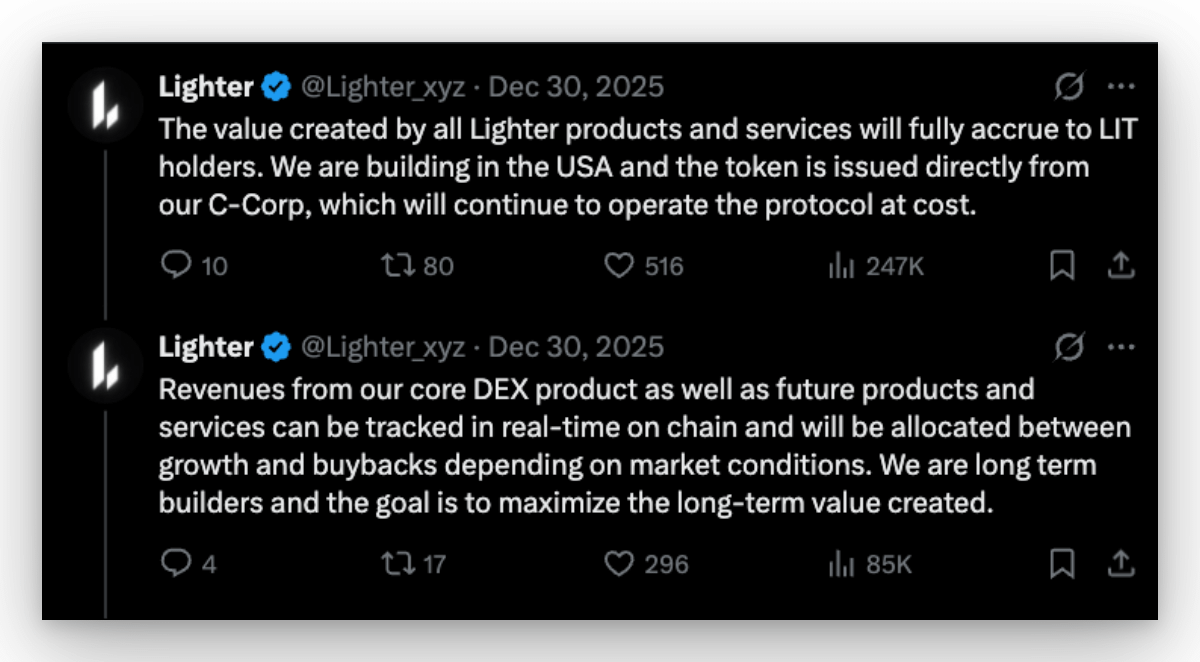 Went back to the LIT TGE post and realized I underrated its most important  parts. Equity-like status and intrinsic value. @Lighter_xyz made tokenomics  explicit since day one: all value created by Lighter