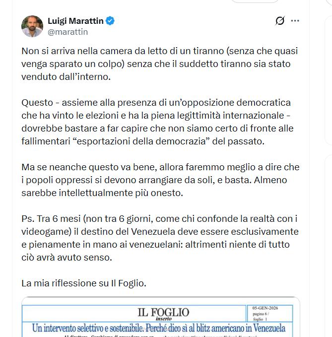 Il raid di Trump in #Venezuela ha causato un centinaio di morti, altro che senza sparare un colpo.
Giusto Il Foglio poteva pubblicare 'sta spazzatura.