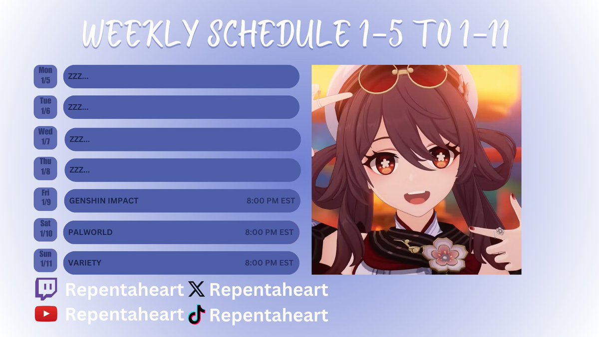 Repentaheart's tweet image. It's been a while since I've made a schedule! In this week, I will be starting a new Genshin Impact account, BUT NO wishing for a whole year! How much Primogems will I have by the end? Tell me your guesses on stream!