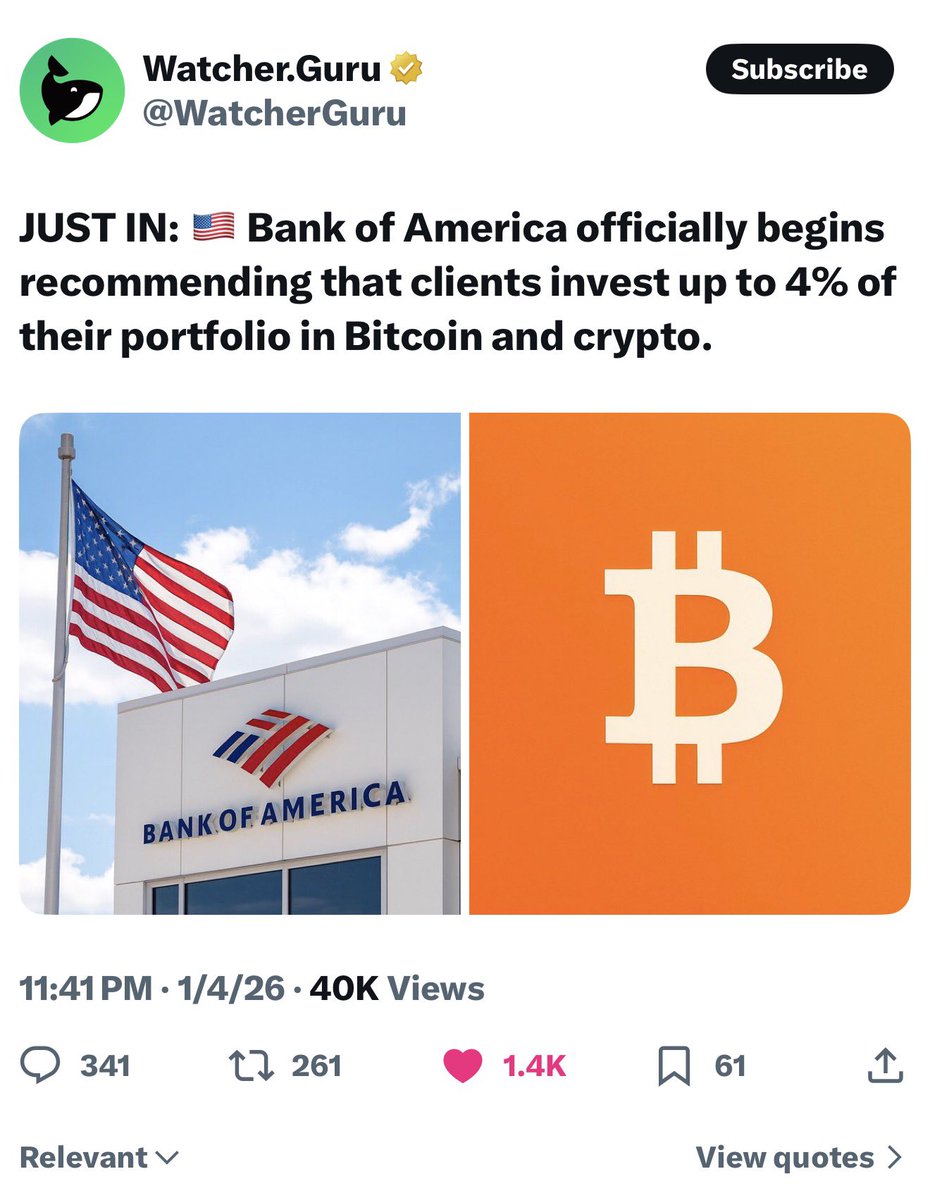 🚨 Bank of America says put up to 4 percent of your portfolio in Bitcoin  and crypto Big banks are finally taking crypto seriously