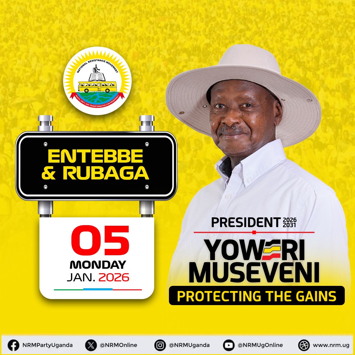 NRM Presidential Flagbearer, Yoweri Museveni, will today be hosted at two rallies in Entebbe Municipality and Rubaga Division. Twesangeyo! #ProtectingTheGains