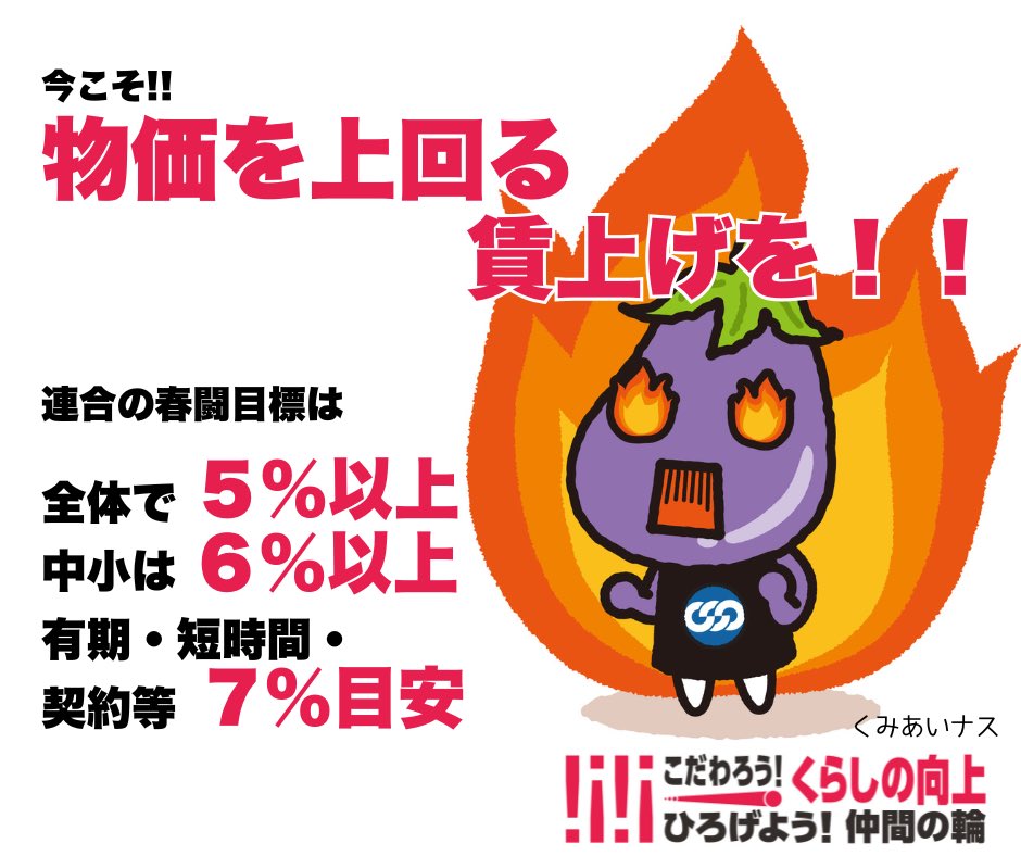 【春闘の本番が近づく今こそ声を上げよう！】

おせちでも値上がりを改めて感じた人もいるのでは？
今こそ賃上げを求める声を上げよう！
連合の2026春闘方針は「５、６、７」がキーワード

賃上げがあたりまえの社会へ！

#連合 #れんごうの日 #はたらくのそばでともに歩む