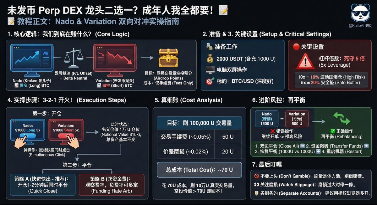 《未发币 Perp DEX 龙头二选一？成年人我全都要！》

📝 教程正文：Nado &amp; Variation 双向对冲实操指南<a href="/KaitoAI/">Kaito AI 🌊</a> 

欢迎走何总<a href="/hebi555/">何币</a> 的链接：omni.variational.io/?ref=OMNIHEQGZ…

1. 核心逻辑：我们到底在赚什么？

很多小白不敢刷交易量，怕方向买反了亏本金。

对冲策略就是：我们在 A 平台买涨，在 B