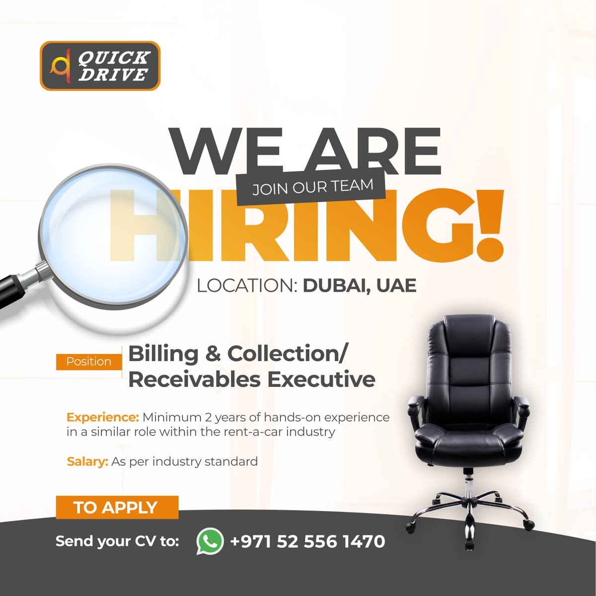 AQuickdrive's tweet image. 🚨 Quick Drive is hiring in Dubai! 
Role: Billing &amp;amp; Collection Executive 
📍 Min 2 yrs in rent-a-car industry 
💼 Salary: Industry standard 
📲 Apply via WhatsApp: +971 52 556 1470 

#DubaiJobs #QuickDrive #WeAreHiring #CarRentalCareers #FinanceJobs #UAEJobs