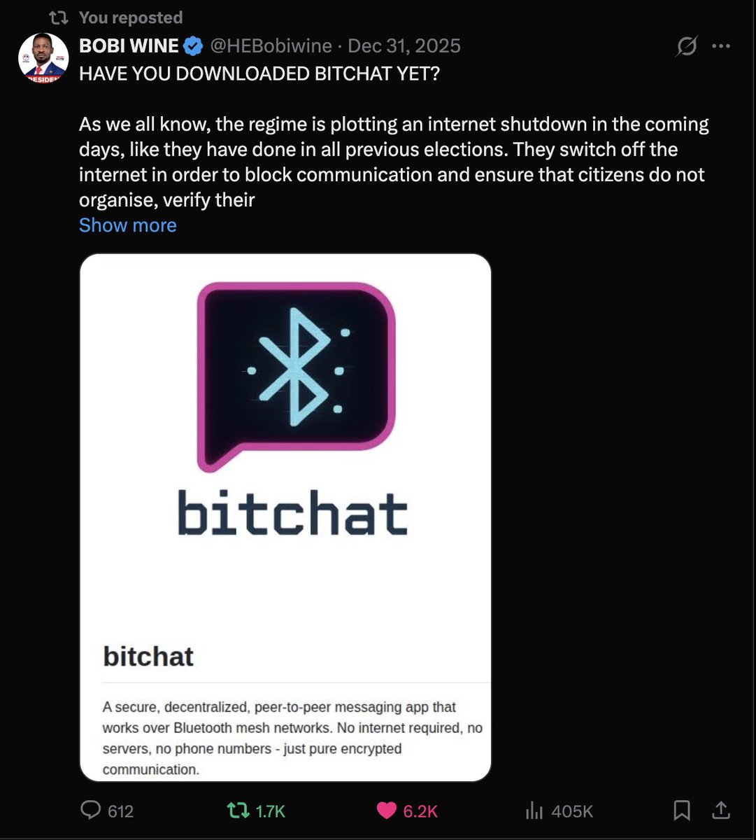 callebtc's tweet image. I was about to celebrate 1M bitchat android downloads but uganda's opposition leader bobi wine jinxed it ✊