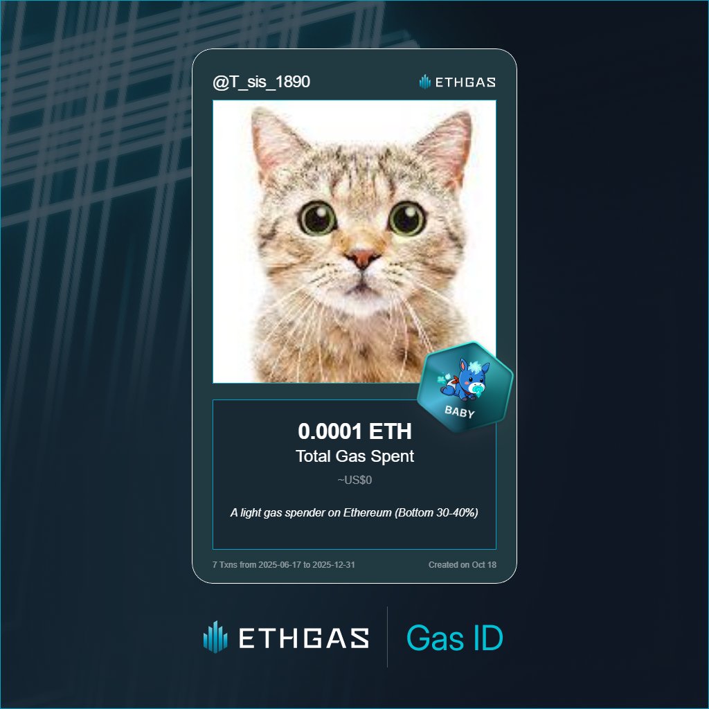 Leveled up in the Great Gas Reckoning with ETHGas! 💪

Baby Jack status: 0.0001 ETH gas spent, 1 Beans earned—supporting the Gasless Future!

Claim your Gas ID at ethgas.com/community/gas-…