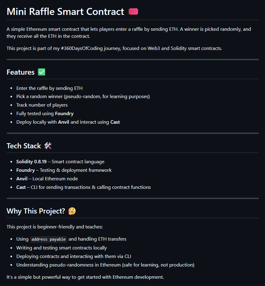 SinghMrinal04's tweet photo. Back to building. Back to Web3. Back to 
🚀Day 281 of #360DaysOfCode

Restarting with a Mini Raffle smart contract built in Solidity + Foundry

A simple on-chain lottery where users enter with ETH and a winner gets the full pool.

🔗 https://t.co/ypPTiMkt1L

#Web3 #BuildInPublic https://t.co/5gcykQUaLd
